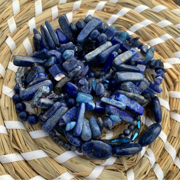 Natural Dark Blue Lapis Lazuli & Sodalite Gemstone Mixed Bead Bracelet Stack - Picture 4 of 12